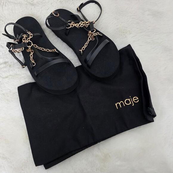 NEW Maje Frankie Chain Trimmed Charm Black Leather Platform Sandal - Picture 11 of 13